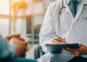 Driver medical assessment including eye test, health questionnaire, and urine check.