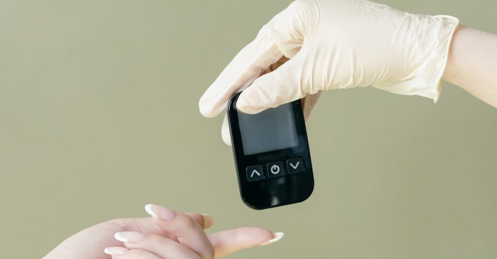 A healthcare professional using a glucometer to check a patient's blood sugar level.